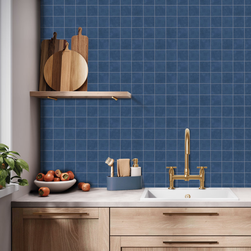 Literary License 3'' W x 3'' L Porcelain Concrete Look Tile Grid Mosaic Sheet, Indigo