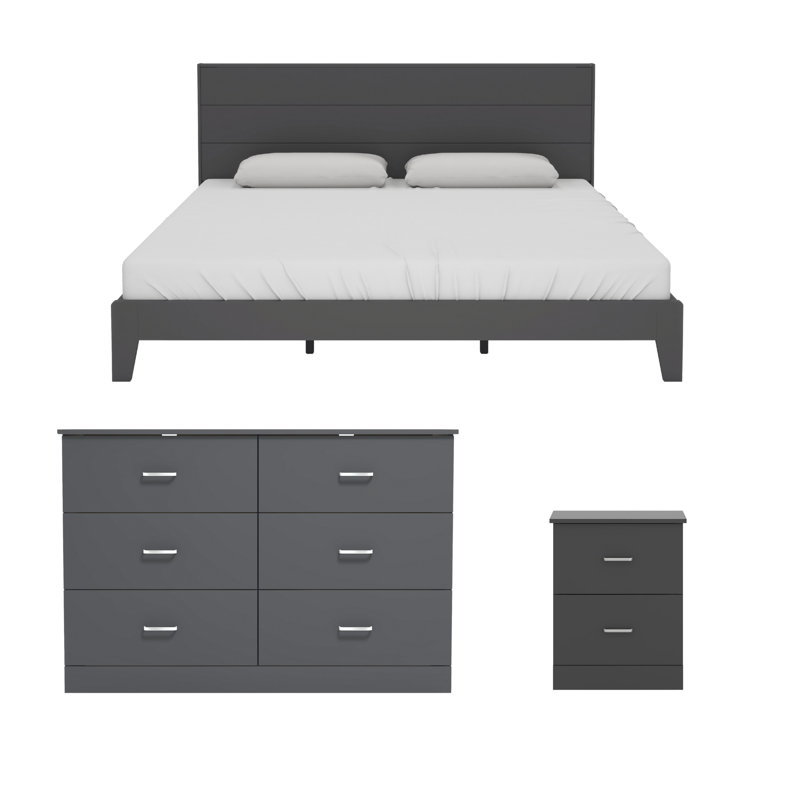 Ensemble de chambre à coucher moderne 3 pièces Allyannah, Chêne d'Oslo, Très grand