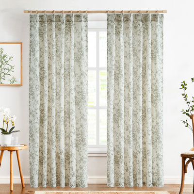 Linen Blend Pinch Floral Curtains with Hooks Curtain Pair