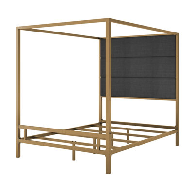 Modern Gold Canopy Bed with 76.5" Tall Linen Fabric Upholstered Headboard Metal 4-Poster Bed Frame, Box Spring Needed, Queen,Dark Grey