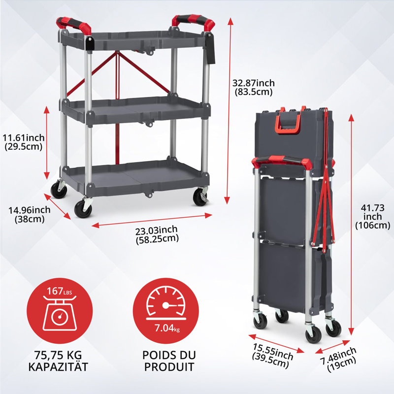 Plastic Three-Tier Folding Cart - Utility Cart, Folding Cart, 3 Tier Cart, Portable Cart, Service Cart
