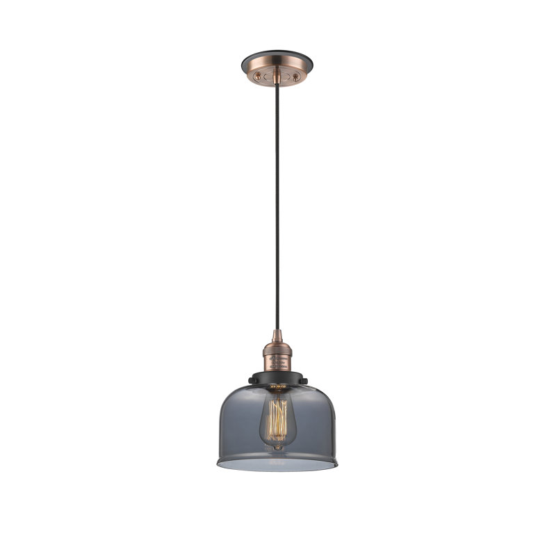 Luminaire suspendu en forme de cloche à 1 lumière Bissonnette, Cuivre antique et décorations noir mat, Plaqué couleur fumée