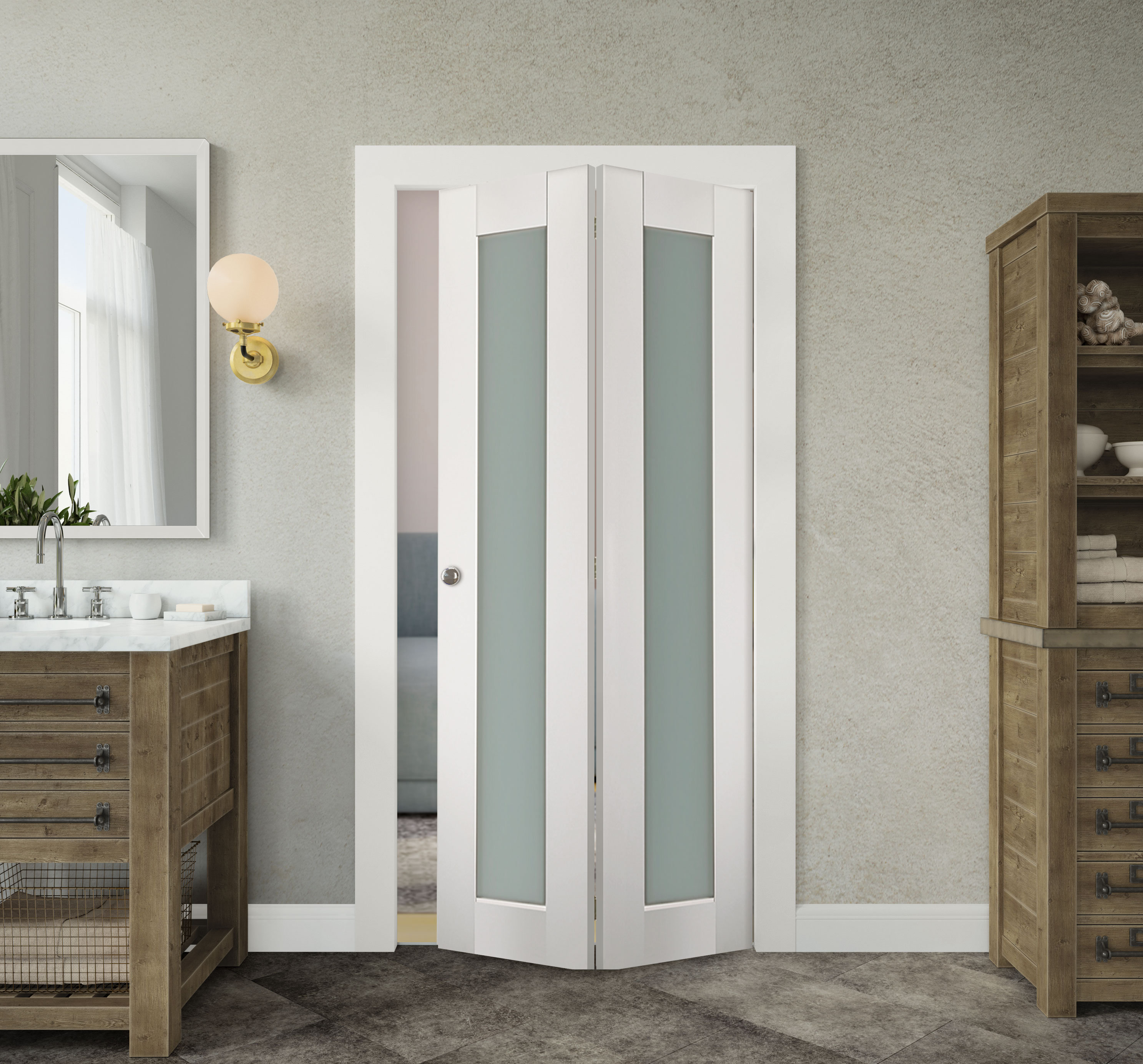 Smart Pro 48 in. x 80 in. Full Lite Frosted Glass Polar White Wood Composite Bi-Fold Door, image size:2974x2768