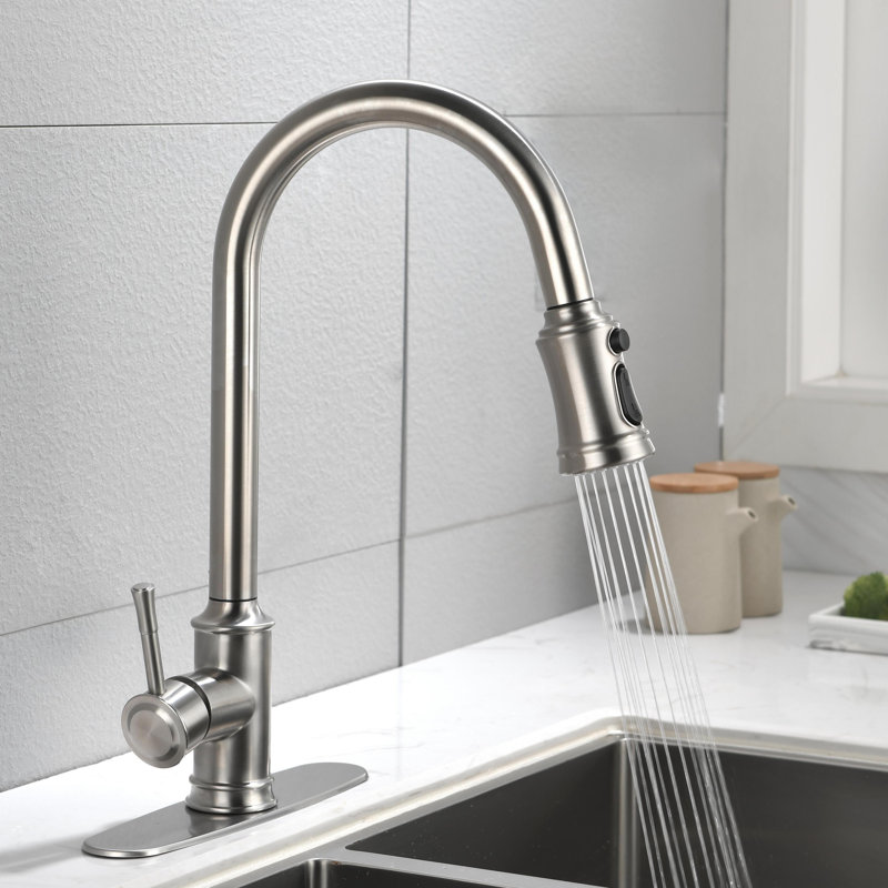 Robinet de cuisine rétractable à poignée simple avec douchette extractible, Nickel brossé