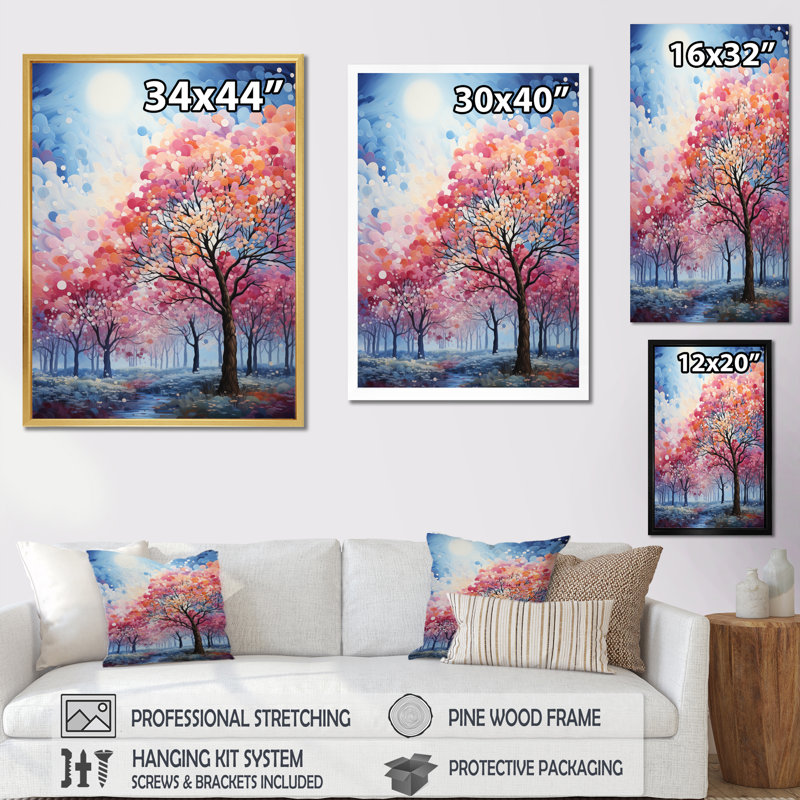«Rose and Blue Trees Field Pointillism I - Cottage», reproduction d'art sur bois, H 20 po x l 12 po x P 1 po