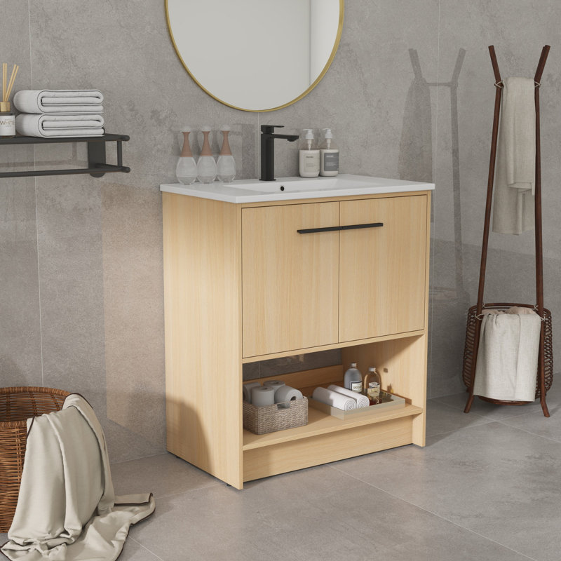 Meuble-lavabo 30 po avec lavabo en céramique, Chêne, Noir