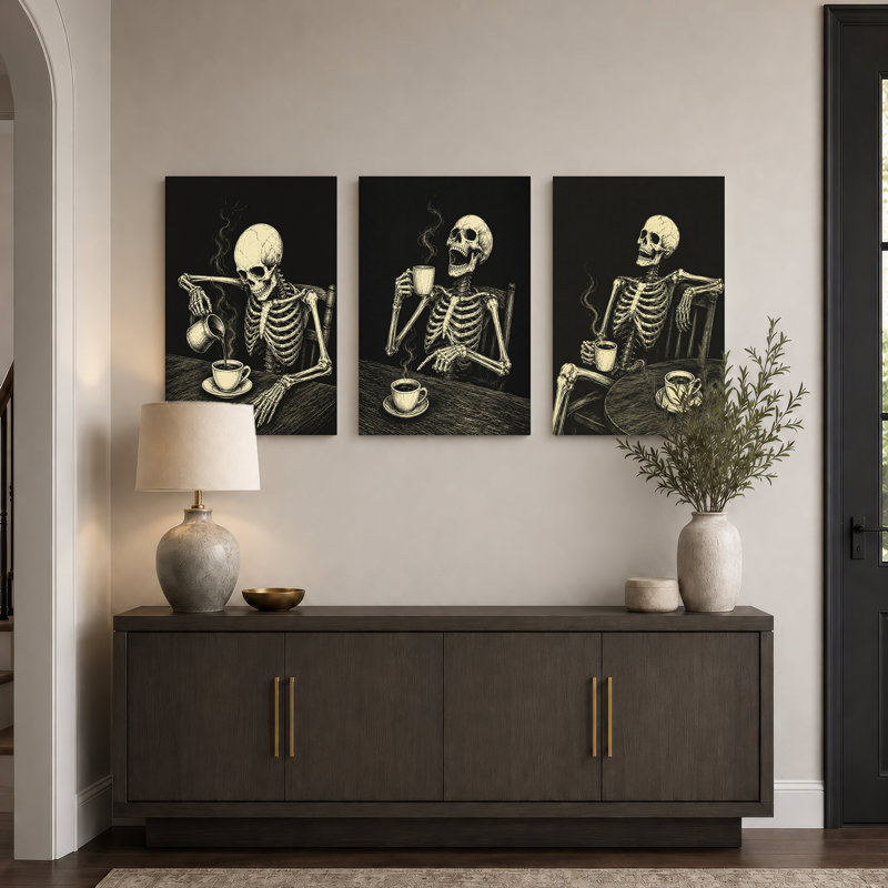 Ensemble de 3 toiles murales d'Halloween représentant un squelette versant et buvant du café, 36"H x 24"W x 3pcs