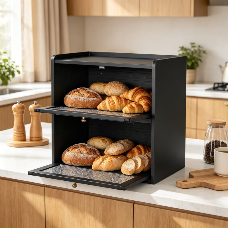 Grande boîte à pain en bois pour comptoir, avec portes vitrées en acrylique, ventilations et plateau de rangement plat., Noir