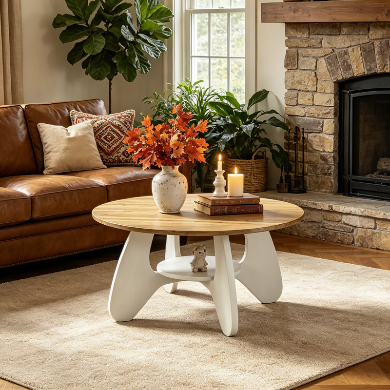 31.5" Circle Coffee Table for Living Room, 2-Tier Wood Accent Center Table with Open Storage, Oak/White