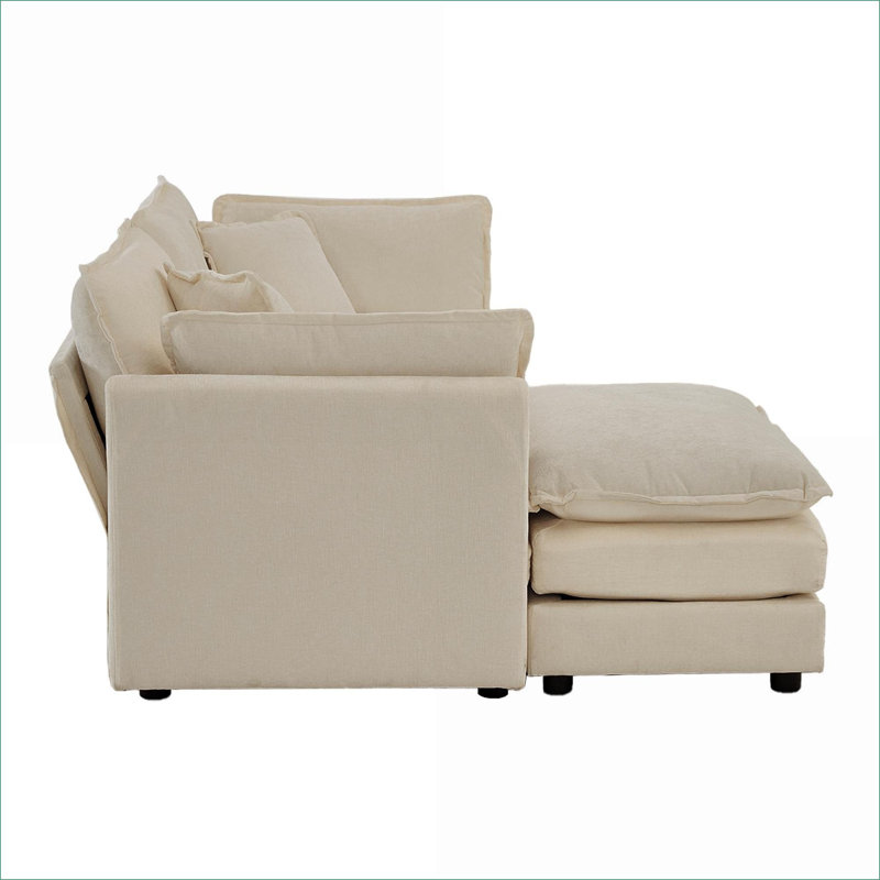 Sectional Sofas, Modern 2-Seater L-Shaped Modular with Ottoman, Solid Wood Frame for Small Living Spaces | Beige | Chenille