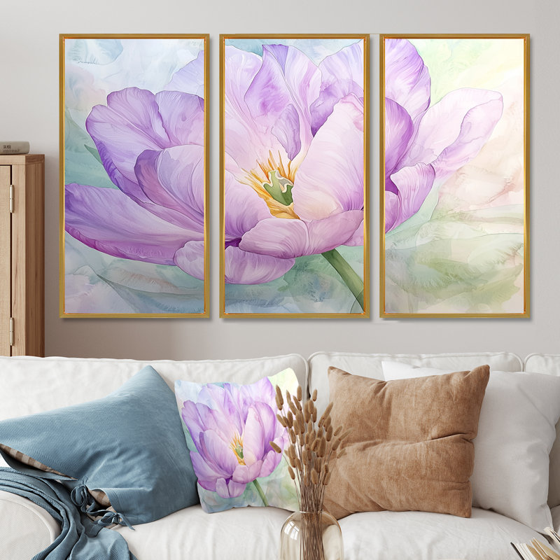 Ensemble de salon d'été avec tulipe mauve II, H 32 po x l 48 po, Reproduction avec cadre flottant, Gold