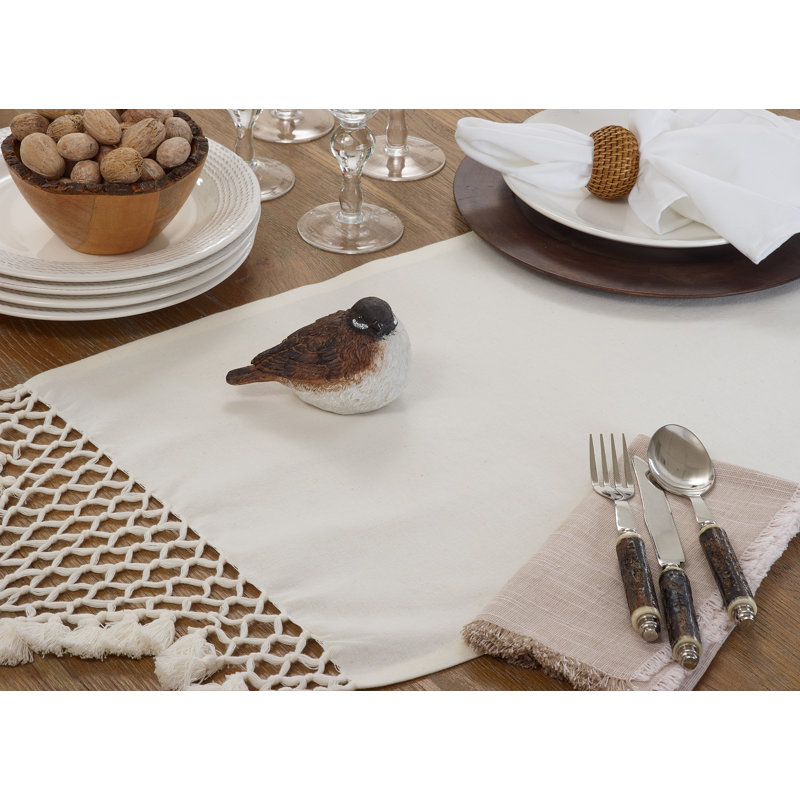 White Cotton Braided Tassel Table Runner 16 x 72 in