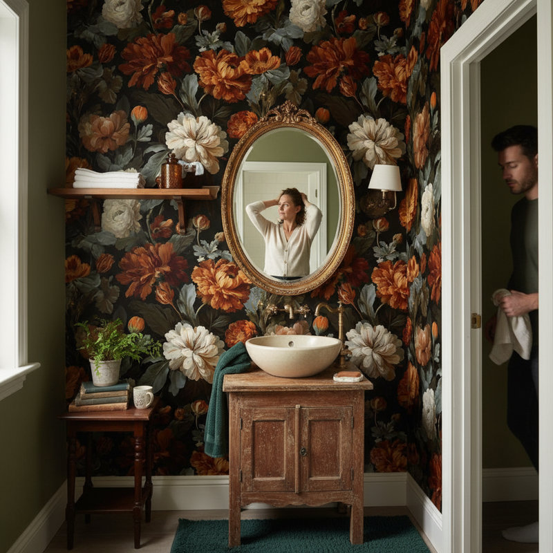 Papier peint floral, élégante murale rétro