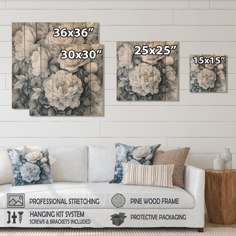 Frosted Monochrome Peonies Bloom II - Peonies Wood Wall Decor - On Natural Pine Wood, 15" H x 15" W x 0.78" D