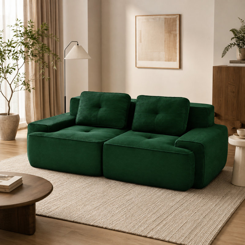 Canapé en velours côtelé de 80,3 po de largeur avec sièges très profonds et mousse haute densité, Vert