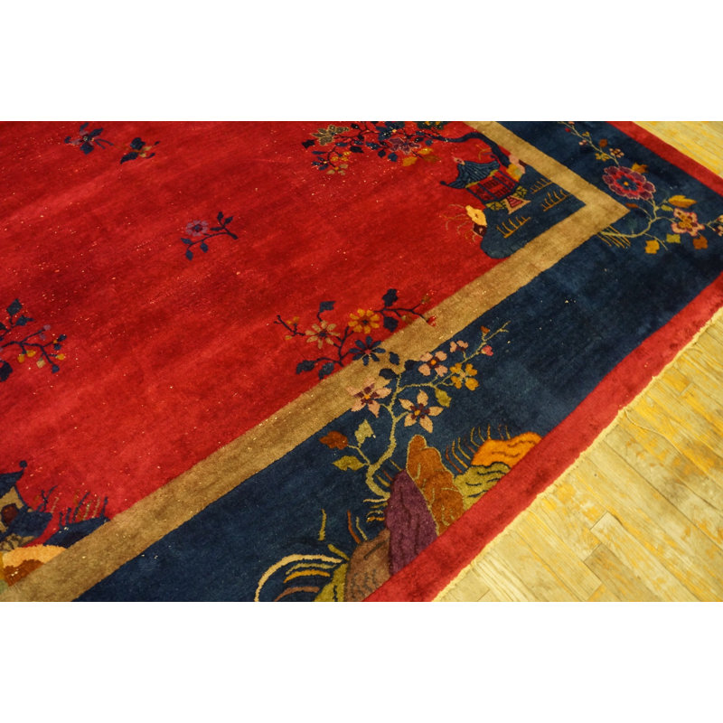 Antique Wool Blue Red / Rust Hand Knotted Pile Rug