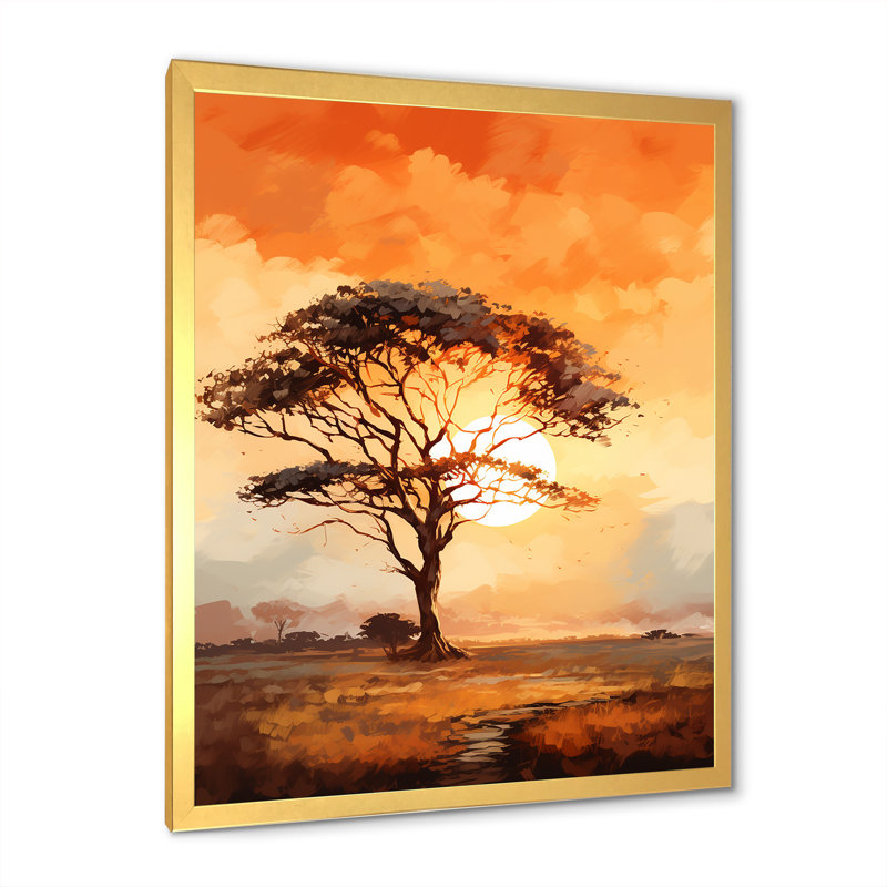 Arbre africain africain Essence II - Décoration murale arbre africain, Cadre doré simple, H 44 po x l 34 po