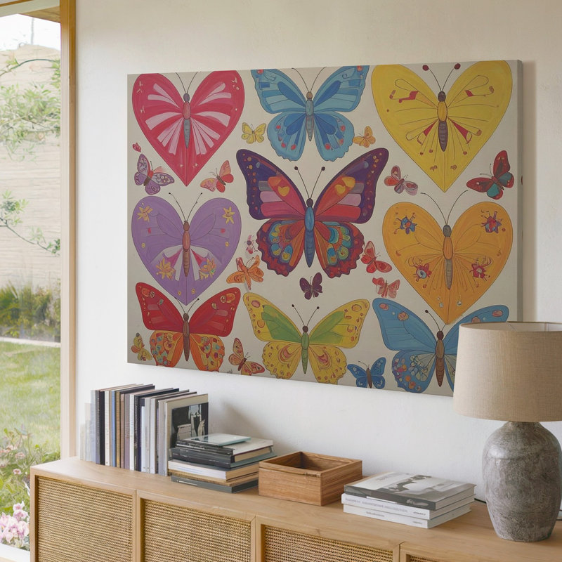 Toile, art mural, composition animée et colorée de plusieurs papillons disposés dans une grille ludique de qualité supérieure, prête à être accrochée