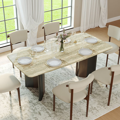 63" Modern 6-Seat Dining Table Sintered Stone Dining Table Rectangular Kitchen Table with Sturdy Wood & Stainless Steel Base