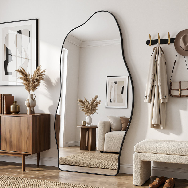 Miroir sur pied asymétrique pleine longueur avec support, miroir suspendu/inclinable en forme de nuage ondulé, idéal pour chambre, salon ou entrée.