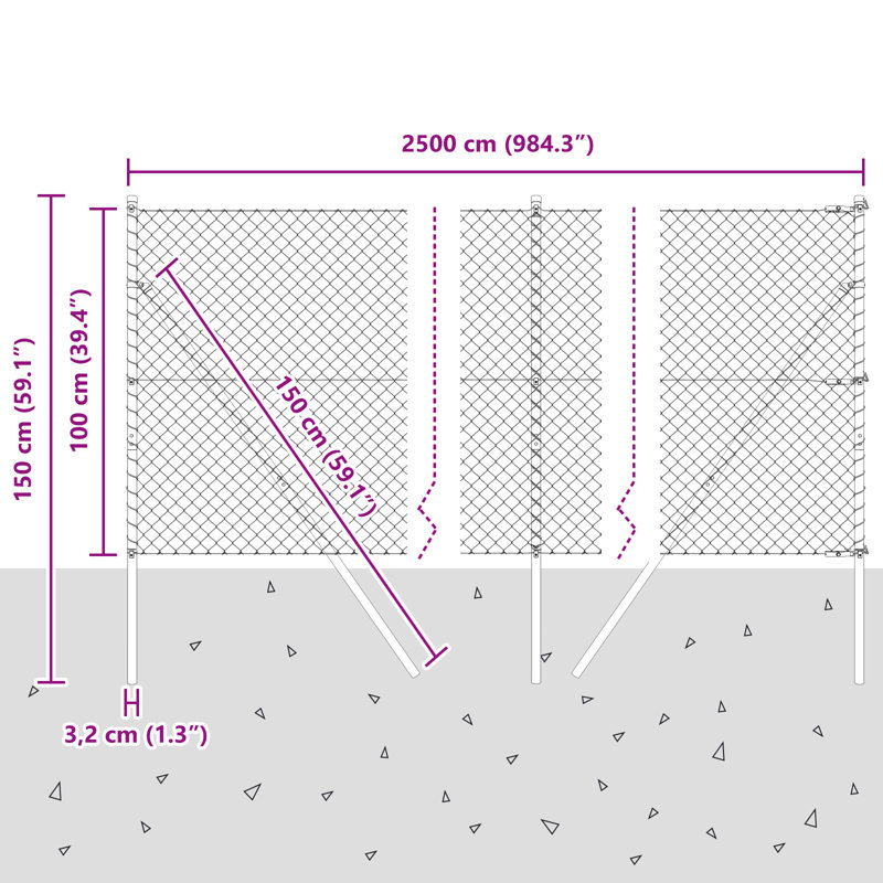 Chain Link Fence With 13 Posts Galvanised Steel, Green, 100cm H x 2500cm W