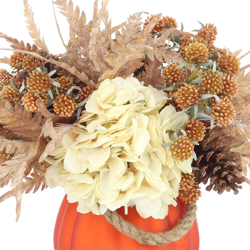Hydrangea And Pampas Fall Arrangement In Glass Pumpkin