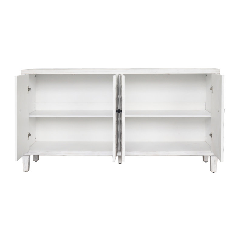 Buffet d'appoint 4 portes en bois avec rangement pour buffet blanc délavé. Pour différents espaces tels que le salon, le vestibule, le couloir, le bureau, la cuisine et la salle à manger. Tablettes réglables. Robuste. Simple