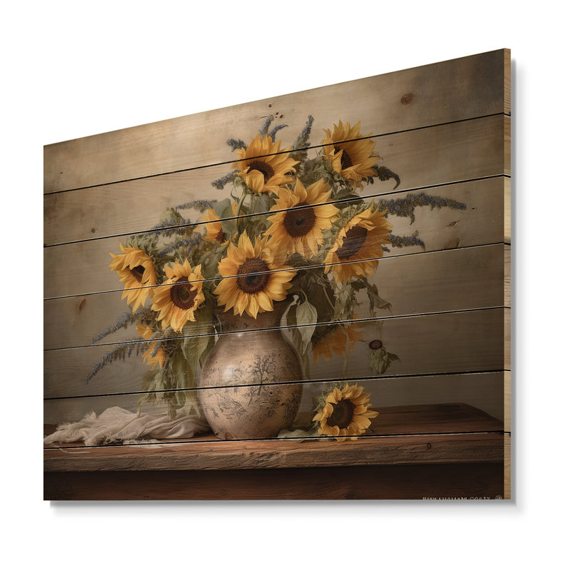 Art rétro sur bois de pin naturel, nature morte, bouquet de tournesols rétro, H 30 po x l 40 po