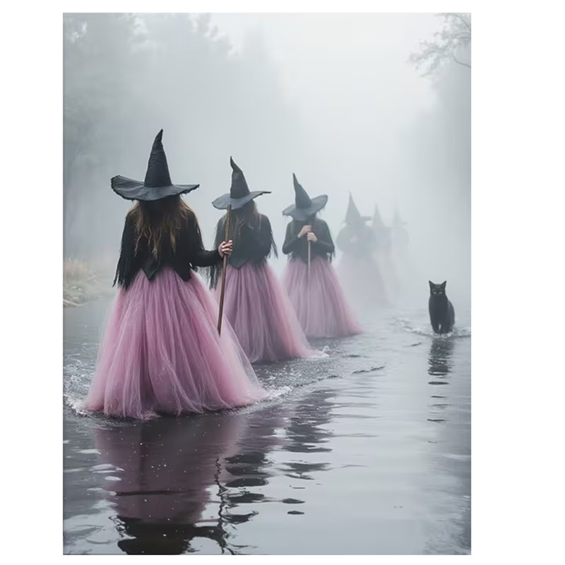 2D Flat Halloween Witch Canvas Wall Art, Witches in Pink Tulle Skirts Wading., 60cm H x 40cm W