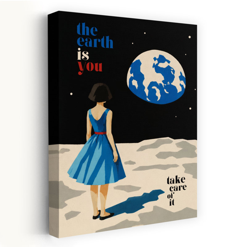 Woman Contemplating Earth Retro Abstract Contemporary Landscape Nature Wall Art Print 1 Piece Wrapped Canvas Wall Art