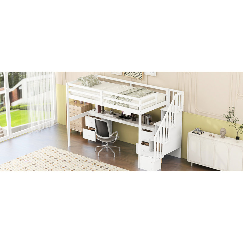 Lit mezzanine simple en blanc avec bureau et rangement double - bois de pin pour une chambre à coucher merveilleuse avec rangement simple, pratique