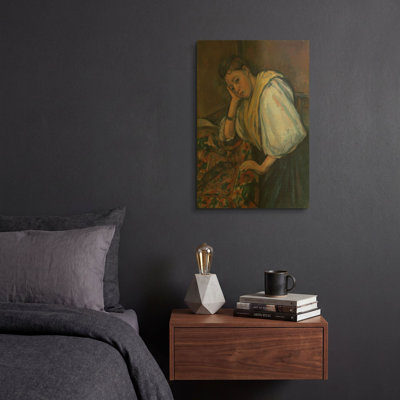 «Jeune femme italienne à une table» par Paul Cezanne, art mural en métal doré, 12 po x 16 po