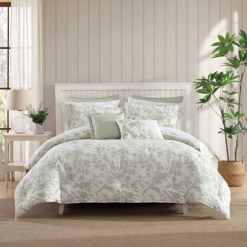 Laura Ashley Natalie Floral Cotton Comforter Bonus Set, King Comforter + 4 Shams + 2 Throw Pillows, Green