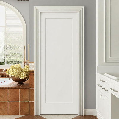 Porte intérieure à un panneau de style Shaker, 76 x 203 x 3,5 cm, apprêtée blanche, structure en MDF massif à montants et traverses, panneaux centraux surélevés de 12 mm, non percée, pour placard, garde-manger, salle de bain, buanderie