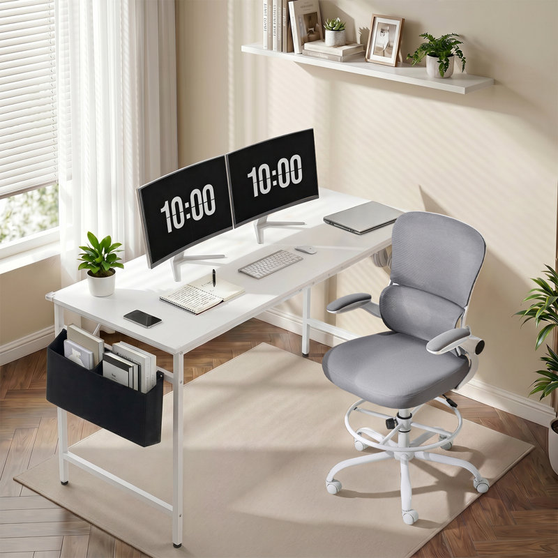 2 Piece Office Sets Computer Desk & Office Chair, White Table/Gray Chair