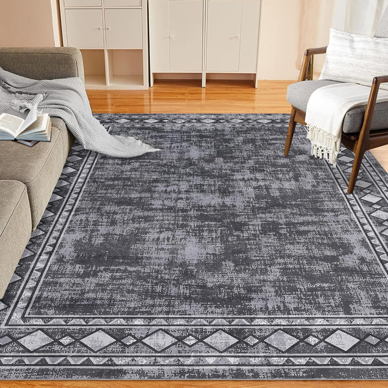 Washable Area Rug - 9'X12' Grey, Soft, Non Slip, Stain Resistant, Low Pile, Vintage Style For Living Room, Bedroom, Dining Room, Office, Nursery