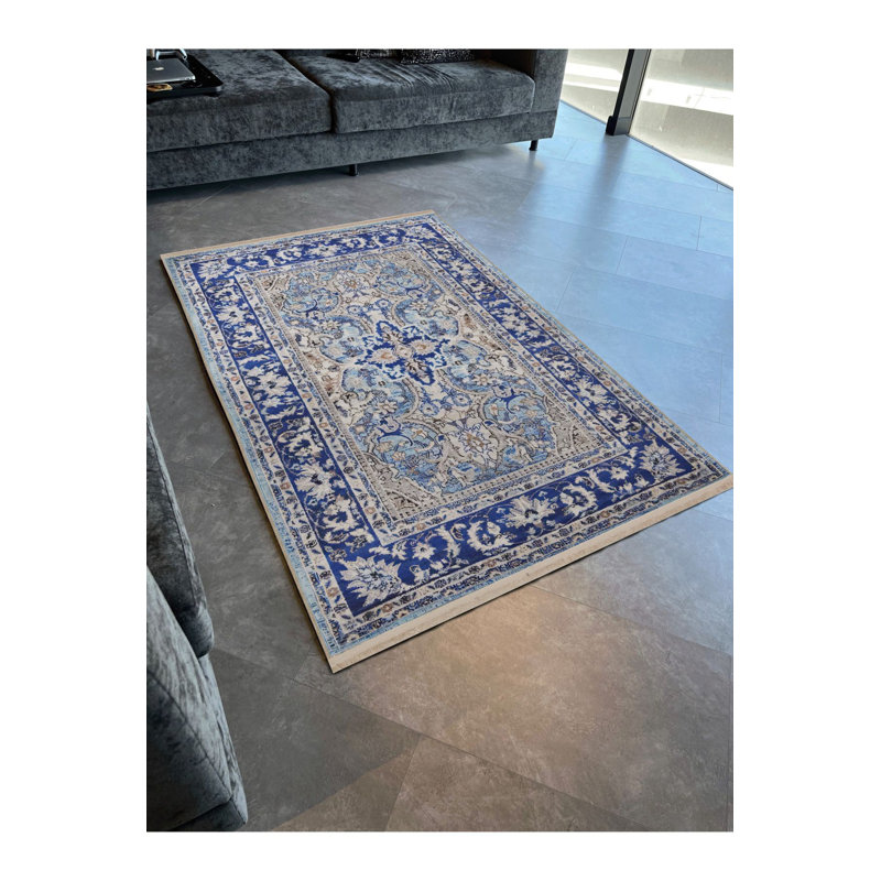 Tapis bleu lavable décoratif floral, Tapis de couloir 3 pi 3 po x 6 pi 7 po inclus