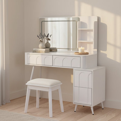 Modern Lighted Vanity Organizer with Mirror, 4 Drawer Makeup Desk and Stool Set with Adjustable Storage for Bedroom, Cream