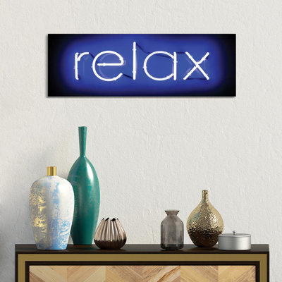 Neon Relax Blue On Black by Hailey Carr - Wrapped Canvas Panoramic Print