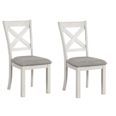 Ensemble de 2 chaises de salle à manger Rone Side, bois d'hévéa blanc rustique, tissu gris