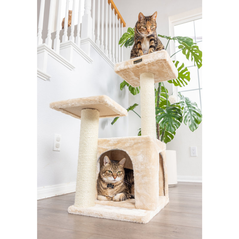 Beige Sisal and Plush 32-Inch Cat Tree with Playhouse