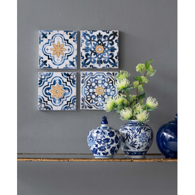 9.5" X 9.5" S/4 Abstract Blue, White, And Gold Wall Decor Accents