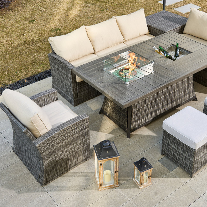 8 - Person Patio Dining Set with Rectangular Table , Cushions Included, Grey