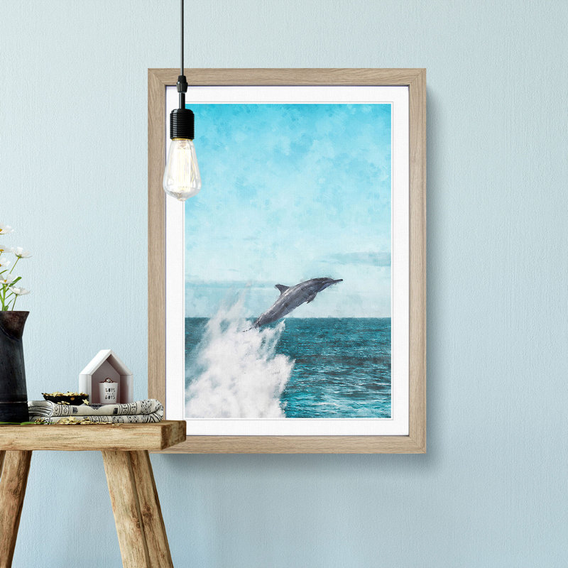 Jumping Dolphin - Single Picture Frame Painting on MDF, Oak Framed, 63cm H x 45cm W x 2cm D