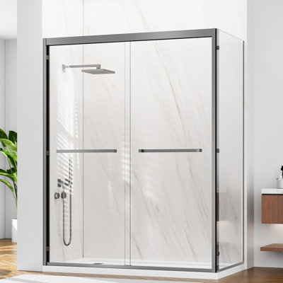 Porte de douche en verre semi-encadrée l 60 po x P 32 po x H 76 po, verre trempé de 3/8 po et 5/16 po, double revêtement Nano, aluminium, résistant aux fuites, gris