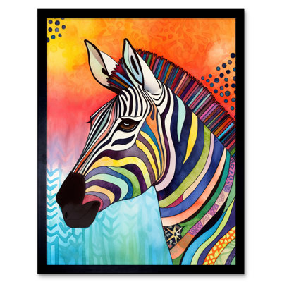 Zebra Folk Art Bright Multicoloured Artwork Framed Wall Art Print 9X7 Inch