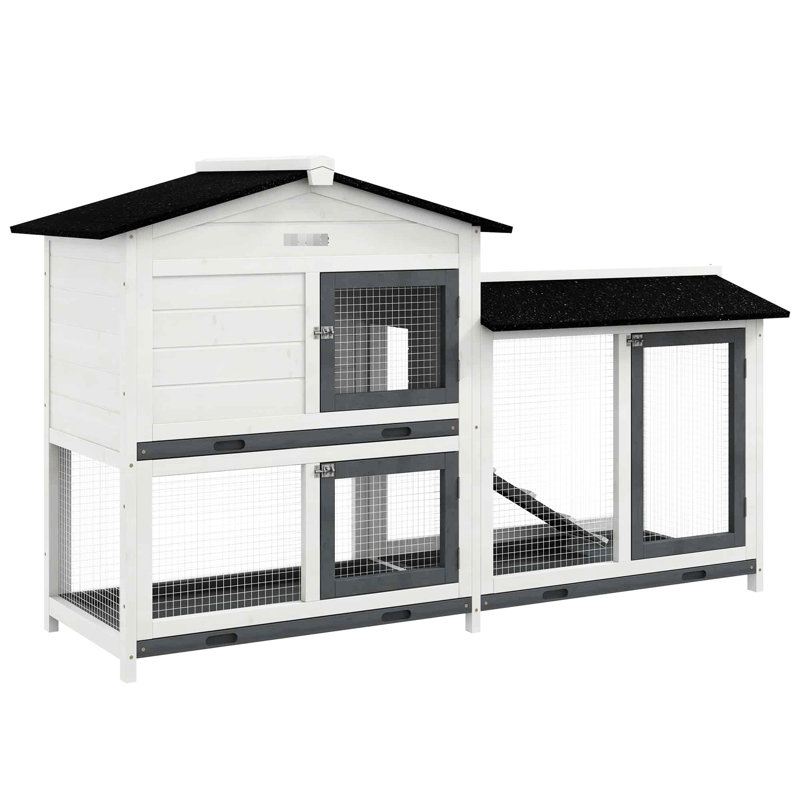 Enclos pour animaux de 62 po en bois blanc avec rampe, plateau amovible, portes verrouillables, lapin avec toit en asphalte de 62 po, aire de jeu et rampe, facile à nettoyer