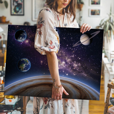 Toile, "A Cosmic Captivating Tableau Reveal A Radiant Swirling Galaxy At Wall Art Its Heart Rayating A Brilliant Golden Light That", art sur toile