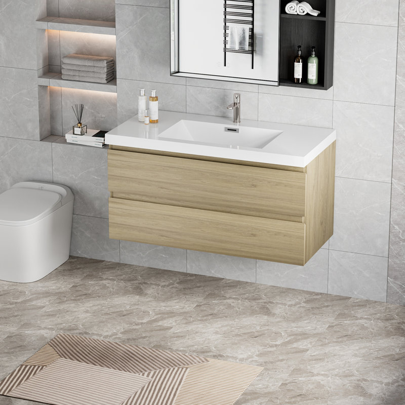 Meuble-lavabo mural moderne pour salle de bain, Chêne