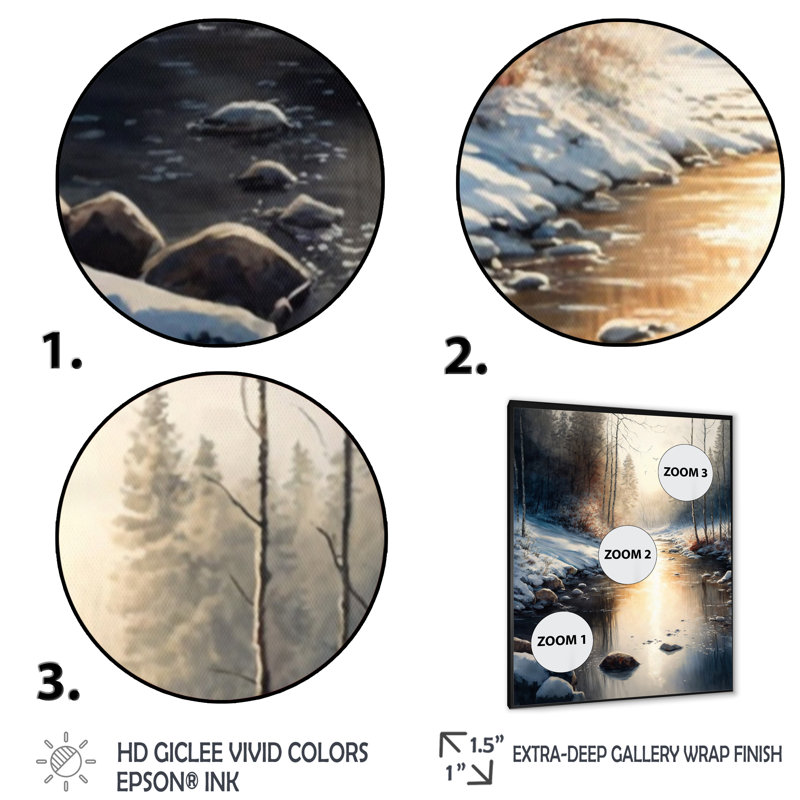 «Abigale Sunlight Reflecting The Snow Forest River III», reproduction sur toile, Cadre photo noir, H 20 po x l 12 po x P 1 po